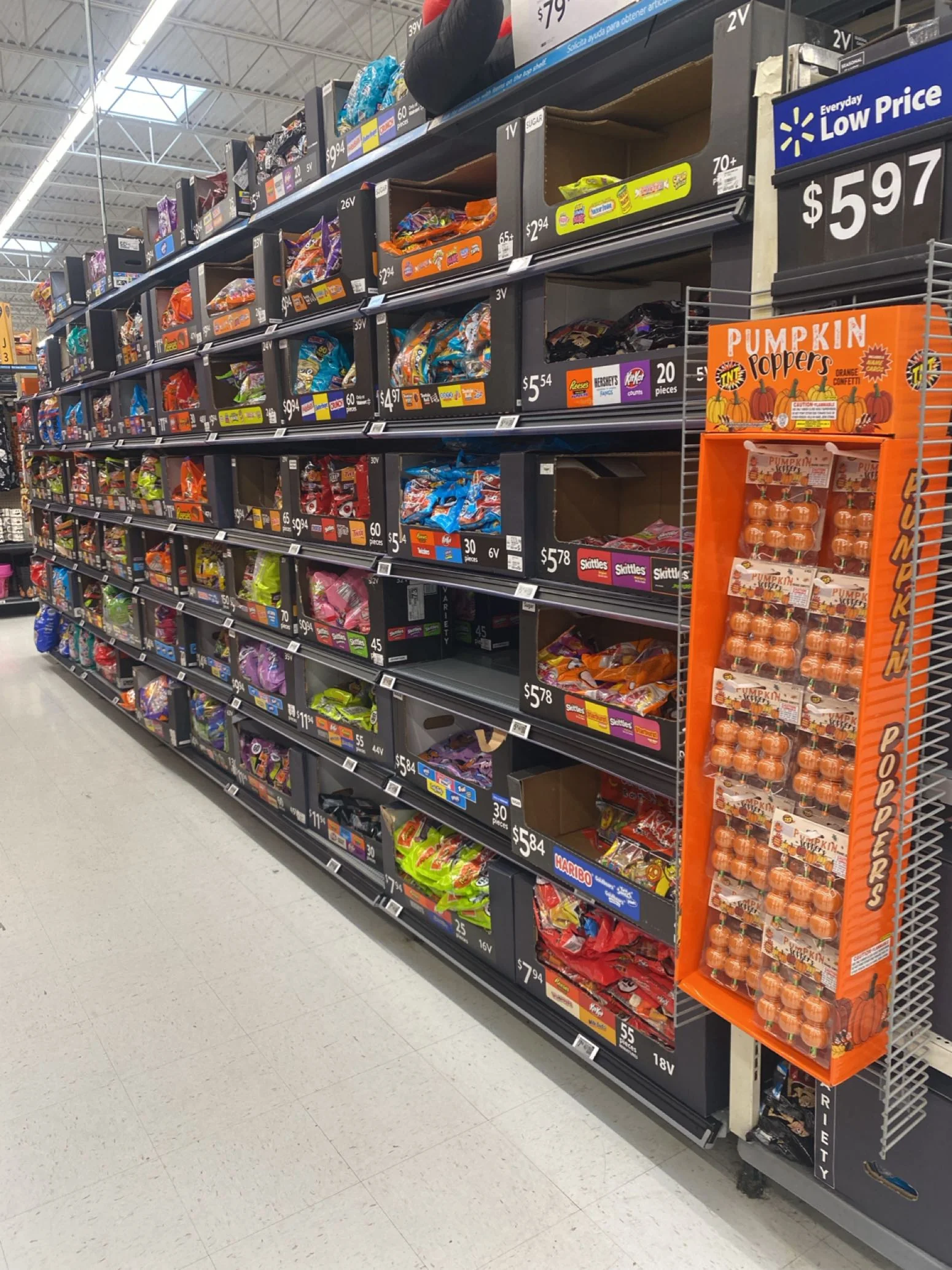Halloween candy in the seasonal aisle of a Walmart store
